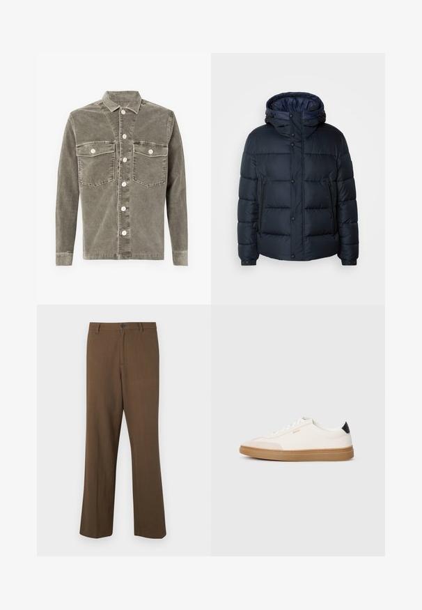 Námornícka pufovaná bunda s kapucňou, prešívaný dizajn, predný zips a druky, dve bočné vrecká a elastické manžety.; Olivovo zelená kordurová košela s klasickým golierom, dvoma prednými vreckami a predným zapínaním na gombíky s béžovými gombíkmi. Hladká textura.; Hnedé nohavice s rovnými nohavicami vyrobené z textúrovanej látky, so zapínaním na gombík a klasickým pásom, bočnými vreckami a upravenými švami.; Biele tenisky s béžovými akcentmi, hladký kožený zvršok, zaoblená špička a gumená podošva, s čiernym pätkom a jemným brandingom.