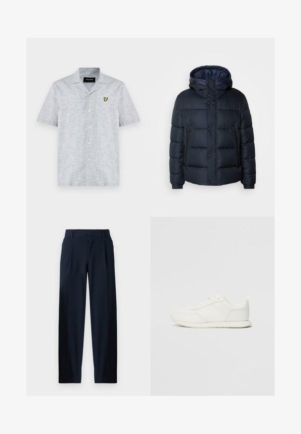 Marineblå pufferjakke med hette, quiltet design, frontglidelås og trykknapper, to sidelommer og elastiske mansjetter.; Korte ermers, skjorte med krage i lys grått stoff med tekstur. Har en gul brodert logo og knappeåpning.; Mørkeblå bukser med en glat overflade, vide ben, forkantplisseringer, bæltestropper og lynlås. Velegnet til både formelle og afslappede anledninger.; Hvit sneaker med en mesh- og syntetisk overdel, rund tå, flate lisser og en teksturert sidestropp. Gummisåle med en pull-tab bak.