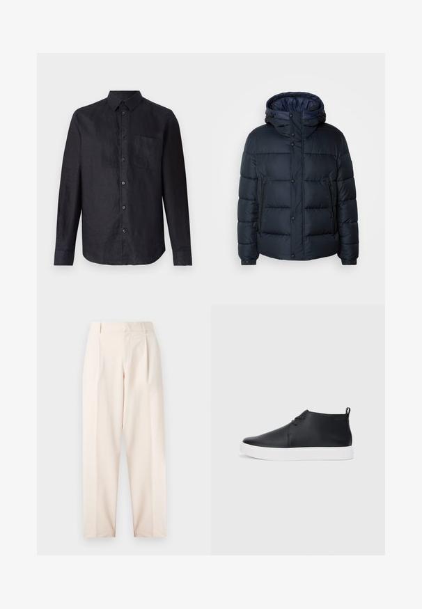 Mornarska zimska jakna s kapuco, prešita zasnova, sprednji zadrga in priponke, dve stranski žepni in elastični manšeti.; Črna dolga majica z dolgimi rokavi iz teksturiranega blaga, s sprednjim zapenjanjem na gumbe, klasičnim ovratnikom in žepek na levem prsnem delu.; Bež hlače z visoko pasom, nabranji in ravnim krojem. Narejene iz gladkega materiala s stranskimi žepi in čisto obdelavo.; Črne usnjene visoke superge s gladko površino, bela gumijasta podloga in preprosta zasnova vezalk. Imajo držalo na hrbtni strani.