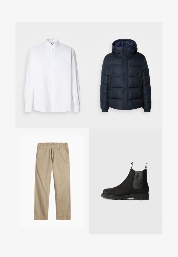 Mornarska zimska jakna s kapuco, prešita zasnova, sprednji zadrga in priponke, dve stranski žepni in elastični manšeti.; Bela dolga srajca z gumbi iz bombaža, ki ima klasičen ovratnik in subtilen vezen detalj na prsih. Gladka textura, običajen kroj.; Bežne bež hlače ravnega kroja z zanko za pas, sprednjim gumbom in zadrgo ter bočnimi žepki.; Črne Chelsea čizme iz usnja s elastičnimi stranskimi paneli, zankami za nošenje, zaobljenim nosom in robustnim gumijastim podplatom.