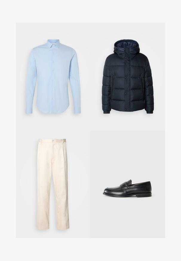 Casaco puffer azul-marinho com capuz, design acolchoado, fecho à frente com zíper e botões de pressão, dois bolsos laterais e punhos elástico.; Camisa de manga longa azul clara, com colarinho clássico, bainha arredondada e botões perolados. Tecido de algodão suave, ajuste feito à medida.; Calças de algodão bege com corte reto, apresentando um fecho de botão e pregas na frente para um detalhe adicional.; Mocassins de couro preto com bico arredondado, detalhes em costura e sola de borracha plana. Apresenta uma faixa larga sobre o peito do pé.