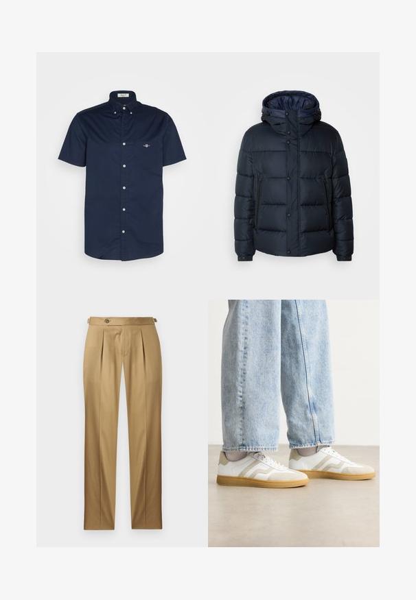 Marinblå puffjacka med huva, quiltat mönster, dragkedja och tryckknappar fram, två sidofickor och elastiska ärmslut.; Mörkblå kortärmad skjorta med knappar i bomull, som har en ficka med en liten logotyp och en spridd krage med knappstängning.; Beige byxor med rak passform, med veck, knappstängning och bälteshällor. Slätt tyg med en ren, skräddarsydd look.; Vita sneakers med beige mockadetaljer och ljusa gummisålar; har en låg design och texturerad detalj på ovansidan.