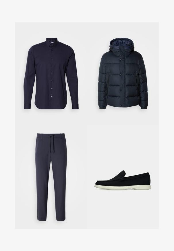 Casaco puffer azul-marinho com capuz, design acolchoado, fecho à frente com zíper e botões de pressão, dois bolsos laterais e punhos elástico.; Camisa azul-marinho com botões, mangas longas, colarinho clássico e um design slim fit. Feita de um tecido suave com um logo discreto no peito.; Calças de jogging navais com cintura elástica e cordão. Feitas de um material suave, com pernas afuniladas e sem bolsos visíveis.; Shoe slip-on preto com bico arredondado, apresentando um cabedal texturizado, sola branca lisa e um detalhe de marca discreto na lateral.