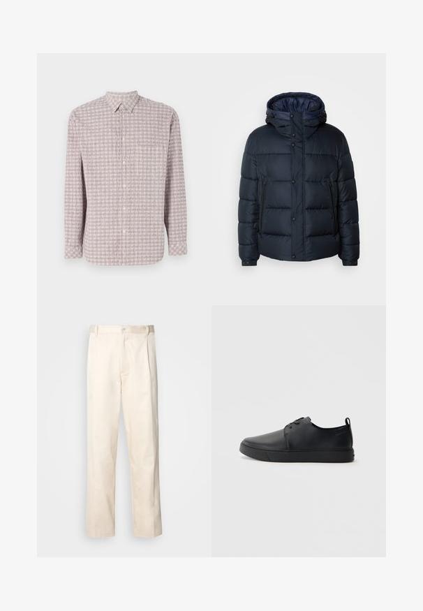 Σακάκι πούφφερ σε ναυτικό μπλε με κουκούλα, ραφιναρισμένο σχέδιο, μπροστινό φερμουάρ και κουμπώματα, δύο πλαϊνές τσέπες και ελαστικές μανσέτες.; Μακρυμάνικη, πουκάμισο με κουμπιά σε ανοιχτό ροζ χρώμα με υφή τετραγωνικού μοτίβου. Ύφασμα από βαμβάκι, κλασικό γιακά και κλείσιμο με κουμπιά.; Μπεζ βαμβακερό παντελόνι με ίσια γραμμή, διαθέτει κουμπί κλεισίματος και πτυχές στο μπροστινό μέρος για επιπλέον λεπτομέρεια.; Μαύρο δερμάτινο αθλητικό παπούτσι με λεία επιφάνεια, στρογγυλή μύτη, τονικό ράψιμο, κορδόνια μπροστά και επίπεδη καουτσούκ σόλα. Βρόχος στην πτέρνα.