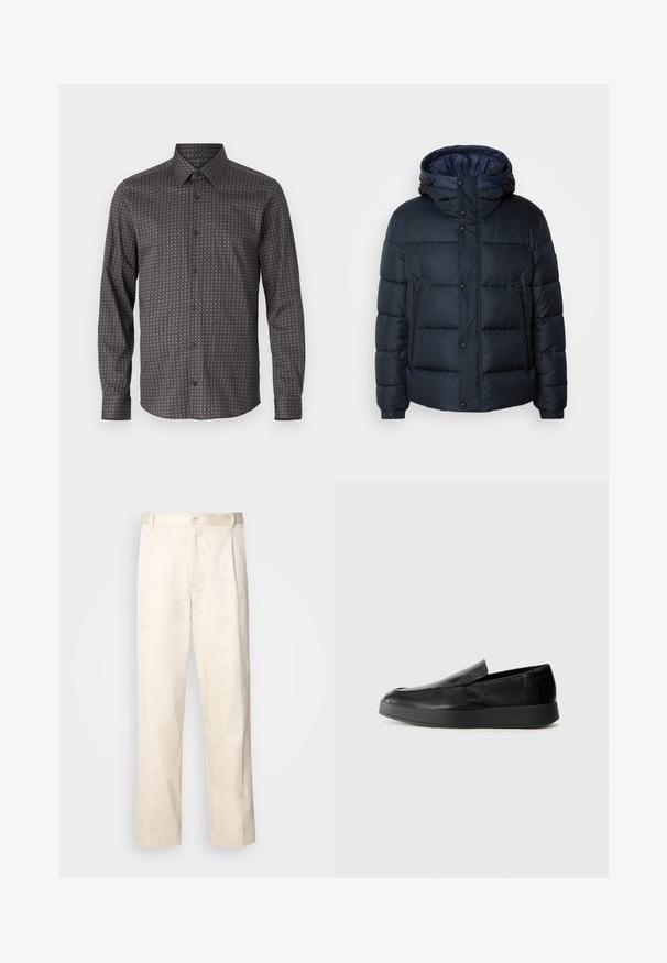 Tamsiai mėlynas pūkinis švarkas su kapišonu, siūtas dizainas, priekinis užtrauktukas ir mygtukų uždarymas, dvi šoninės kišenės ir elastingi rankogaliai.; Ilgųjų rankovių marškiniai tamsiai mėlynos spalvos audiniu su subtiliu geometriniu raštu šviesiai mėlynos ir rudos spalvos atspalviais. Pasižymi standartiniu apykakle ir mygtukų užsegimu.; Bežinės medvilninės kelnės su tiesiu kirpimu, turinčios mygtuko uždarymą ir priekyje raukšles papildomai dekoratyviam akcentui.; Calvin Klein HYBRID CUP - Įmautiniai batai - triple black