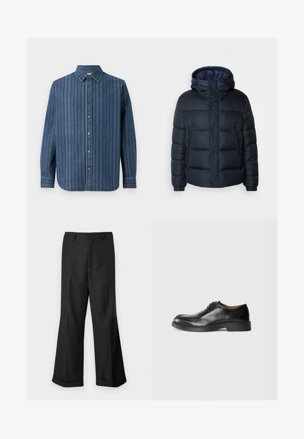 Námornícka pufovaná bunda s kapucňou, prešívaný dizajn, predný zips a druky, dve bočné vrecká a elastické manžety.; Samsøe Samsøe SADAMON SHIRT - Košeľa - denim; Čierne nohavice s širokými nohavicami a gombíkovým pásom, s manžetami na koncoch, vystavené na jednoduchom bielom pozadí.; Čierne kožené spoločenské topánky s округlým špičkou, hladkým povrchom, šnúrkovými detailmi a nízkou, textúrovanou gumovou podrážkou. Čisté línie a minimalistický dizajn.