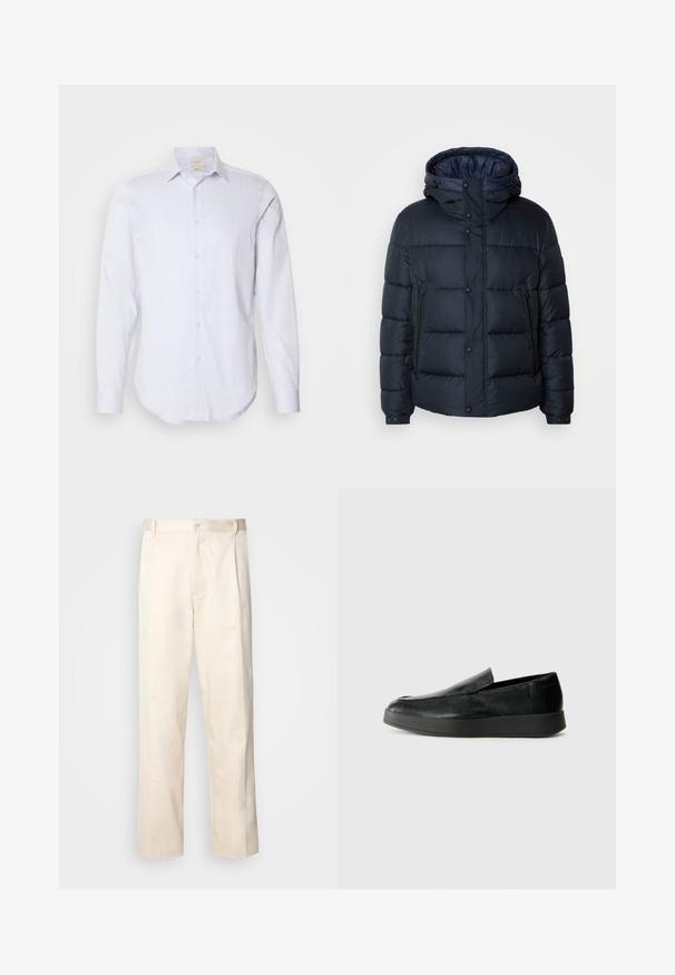 Námornícka pufovaná bunda s kapucňou, prešívaný dizajn, predný zips a druky, dve bočné vrecká a elastické manžety.; Modrá a biela pruhovaná košeľa s dlhým rukávom, ktorá má plne gombíkovú légou, špicatý golier a zaoblený lem. Vyrobená z bavlny, hladká textura.; Béžové bavlnené nohavice so strihom rovného nohu, s gombíkovým zapínaním a záhybmi vpredu pre pridanie detailu.; Calvin Klein HYBRID CUP - Našuchovačky - triple black