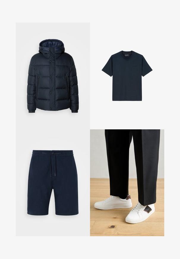 Marineblaue Steppjacke mit Kapuze, gestepptem Design, Frontreißverschluss und Druckknopfverschluss, zwei Seitentaschen und elastischen Bündchen.; Marineblaues T-Shirt aus weicher Baumwolle mit Rundhalsausschnitt, kurzen Ärmeln und einem dezenten Logodetail auf der Vorderseite. Nahtloses Design.; Marineblaue Shorts aus weichem Stoff mit einem elastischen Bund und verstellbarem Kordelzug, Seitentaschen und geraden Beinen.; Weiße Sneakers mit glatter Textur, versehen mit braunen Lederakzenten und schwarzen Details, kombiniert mit schwarzen maßgeschneiderten Hosen. Hintergrund aus Holzboden.