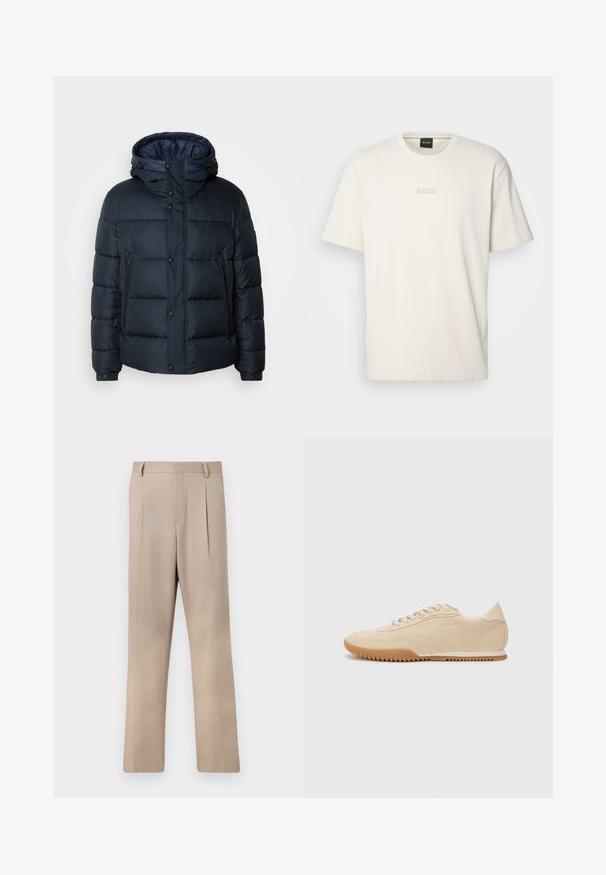 Navy puffer jacket with a hood, quilted design, front zip and snap closures, two side pockets, and elasticized cuffs.; BOSS TEE - Basic T-shirt - open white; Light beige tailored trousers with a straight leg design, featuring a smooth texture and front pleats for added detail.; Beige suede sneakers with a streamlined design, featuring a textured upper, rounded toe, and a rubber sole with a zigzag pattern.