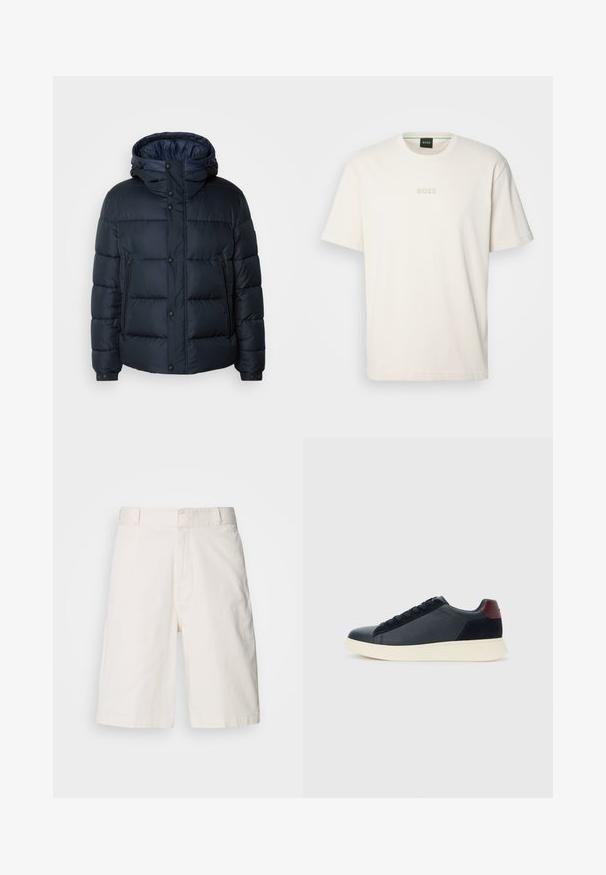 Veste matelassée marine avec capuche, design quilté, fermeture éclair et boutons-pressions à l'avant, deux poches latérales et poignets élastiques.; BOSS TEE - T-shirt basique - open white; Shorts en coton blanc à coupe décontractée, avec deux poches avant, une fermeture éclair et une texture lisse. Design épuré et simple sans motifs.; Baskets basses pour hommes en cuir noir et daim avec un tirant de talon bordeaux et une semelle en caoutchouc blanche, vues depuis le côté extérieur.