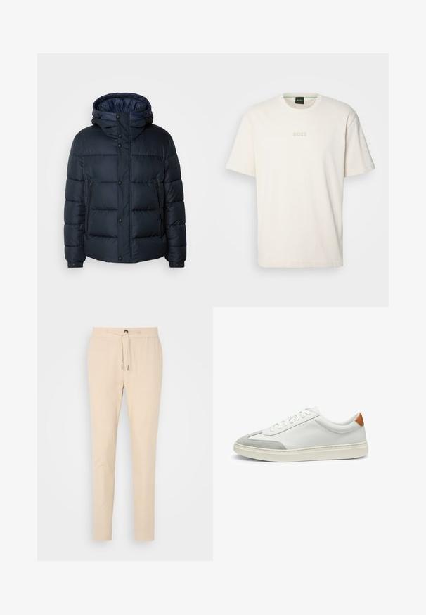 Navy puffer jacket with a hood, quilted design, front zip and snap closures, two side pockets, and elasticized cuffs.; BOSS TEE - Basic T-shirt - open white; Beige tapered pants made of soft fabric, featuring an elastic waistband with drawstring and a single front pocket. Smooth texture and subtle design.; White leather sneakers with gray suede accents and a tan leather heel tab. Features a textured surface and lightweight sole.