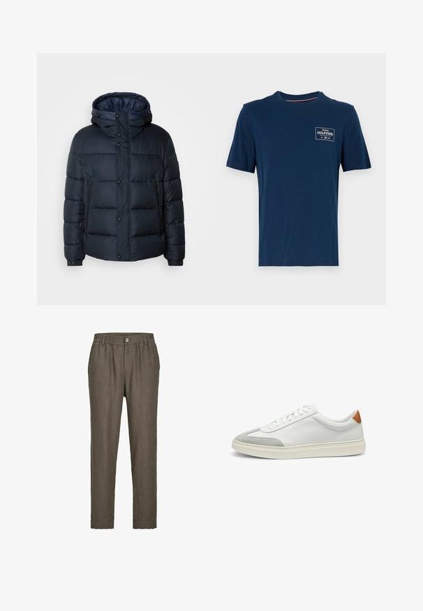Marineblaue Steppjacke mit Kapuze, gestepptem Design, Frontreißverschluss und Druckknopfverschluss, zwei Seitentaschen und elastischen Bündchen.; Dunkelblaues Baumwoll-T-Shirt mit Rundhalsausschnitt, kurzen Ärmeln und einem kleinen weißen Logoprint im Bereich der linken Brust. Glatte Textur.; Jack & Jones JPSTKARL LAWRENCE - Stoffhose - dark brown; Weiße Leder-Sneaker mit grauen Wildlederakzenten und einer sandfarbenen Lederfersenschlaufe. Sie verfügen über eine strukturierte Oberfläche und eine leichte Sohle.