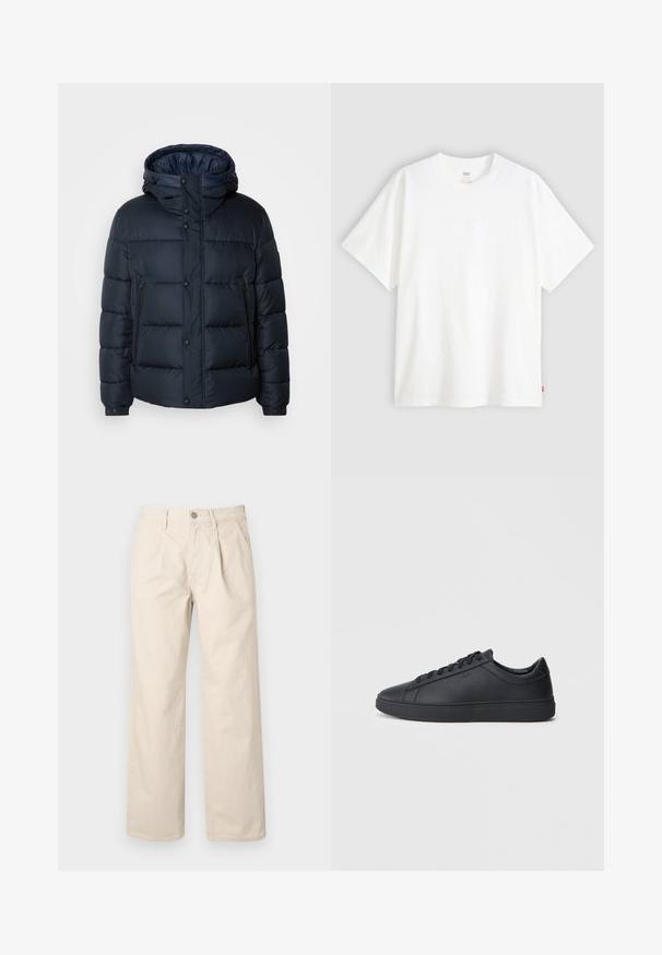 Granatowa kurtka puchowa z kapturem, pikowany wzór, zamek błyskawiczny i zatrzaski z przodu, dwie boczne kieszenie oraz elastyczne mankiety.; Biała koszulka z krótkim rękawem wykonana z bawełny, z okrągłym dekoltem. Posiada subtelny wytłoczony logo z przodu oraz czerwoną metkę na dolnym brzegu.; Beżowe spodnie o szerokich nogawkach z wysokim stanem, z fałdami z przodu, z przodem zapinanym na guzik oraz gładkim bawełnianym materiałem.; Czarne trampki wykonane z gładkiej skóry, w niskim kroju, z okrągłym noskiem i płaską gumową podeszwą. Posiadają sznurówki oraz dyskretną markę.