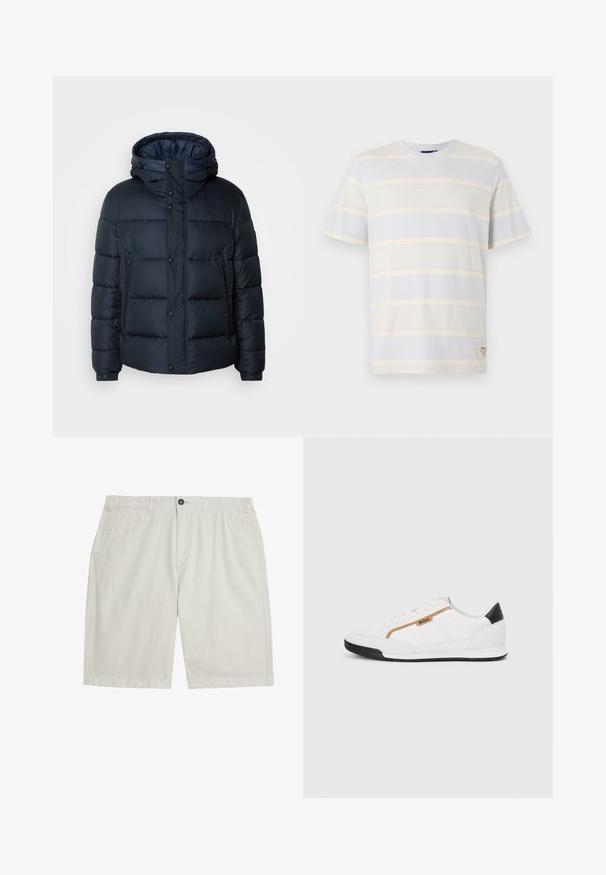 Marineblaue Steppjacke mit Kapuze, gestepptem Design, Frontreißverschluss und Druckknopfverschluss, zwei Seitentaschen und elastischen Bündchen.; Gestreiftes T-Shirt in Hellblau und Blassgelb. Aus Baumwolle gefertigt, mit kurzen Ärmeln, rundem Halsausschnitt und einem kleinen Etikett-Detail am Saum.; Hellbeige knielange Shorts mit Fronttaschen, Gürtelschlaufen, Knopfverschluss und sauberem, glattem Stoff.; Weiße Sportschuhe mit Mesh- und Lederelementen. Ausgestattet mit einem goldenen "BOSS"-Logo, strukturierten Seitenpaneelen und einer schwarzen Fersenkappe. Gummisohle.