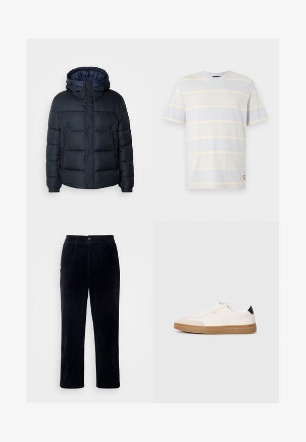 Navy puffer jacket with a hood, quilted design, front zip and snap closures, two side pockets, and elasticized cuffs.; Striped t-shirt in light blue and pale yellow. Made of cotton, featuring short sleeves, a crew neck, and a small label detail at the hem.; Dark blue corduroy trousers with a straight leg design, featuring a button closure and subtle vertical ribbing texture.; White sneakers with beige accents, smooth leather upper, rounded toe, and rubber gum sole, featuring a black heel tab and subtle branding.
