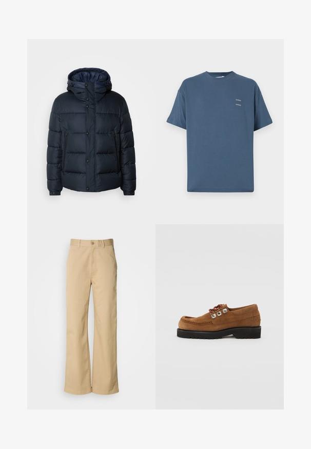 Navy puffer jacket with hood, quilted design, front zip and snap closures, two side pockets, and elasticized cuffs.; Sininen puuvillahuppari, jossa on klassinen pyöreä pääntie, lyhyet hihat, rento malli ja kaksi pientä painettua logoa rinnassa. Tasainen pinta.; Vaaleanbeige, leveät housut, jotka on valmistettu puuvillasekoitteesta. Ominaisuuksiin kuuluu nappikiinnitys ja vyölenkit. Laskeutuu sileästä kankaasta, jossa on minimaalinen ompelu.; Ruske svičane cipele s okruglim vrhom, podstavljenim ovratnikom i dekorativnim srebrnim okicama. Crna gumena potplahta za prianjanje i stabilnost.