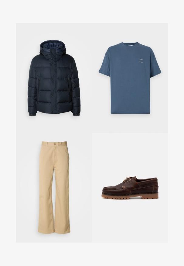 Navy puffer jacket with a hood, quilted design, front zip and snap closures, two side pockets, and elasticized cuffs.; Blue cotton t-shirt with a classic crew neck, short sleeves, relaxed fit, and two small printed logos on the chest. Smooth texture.; Beige, wide-leg pants made from a cotton blend. Features a button closure and belt loops. Smooth texture, with minimal stitching details.; Brown leather boat shoe with stitching details, lace-up design, and rugged rubber sole with textured treads for traction.
