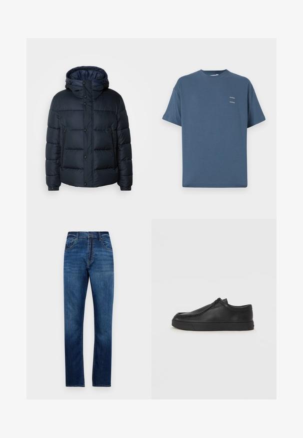 Giacca puffy blu navy con cappuccio, design trapuntato, chiusura frontale con zip e bottoni a pressione, due tasche laterali e polsini elasticizzati.; T-shirt in cotone blu con collo rotondo classico, maniche corte, vestibilità rilassata e due piccoli loghi stampati sul petto. Texture liscia.; Jeans in denim blu a gamba dritta con cinque tasche, passanti per cintura e chiusura a bottone, presentati su uno sfondo bianco semplice.; Scarpa slip-on in pelle nera con punta arrotondata, dettagli cuciti e suola in gomma nera. Texture liscia con design minimalista.