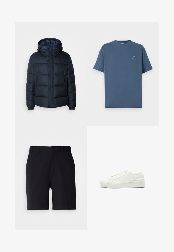 Giacca puffy blu navy con cappuccio, design trapuntato, chiusura frontale con zip e bottoni a pressione, due tasche laterali e polsini elasticizzati.; T-shirt in cotone blu con collo rotondo classico, maniche corte, vestibilità rilassata e due piccoli loghi stampati sul petto. Texture liscia.; Pantaloni corti neri realizzati in tessuto misto cotone, con una vestibilità classica, tasche frontali e chiusura con bottone in vita.; Sneaker bianca in pelle con tomaia testurizzata, punta tonda, design minimalista e suola in gomma con dettagli cuciti.