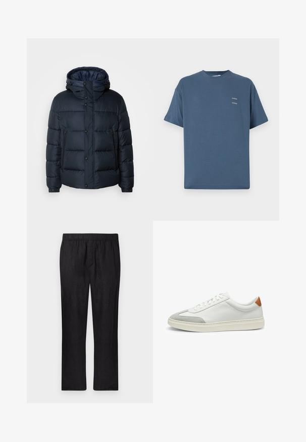 Marineblaue Steppjacke mit Kapuze, gestepptem Design, Frontreißverschluss und Druckknopfverschluss, zwei Seitentaschen und elastischen Bündchen.; Helles blaue Baumwoll-T-Shirt mit klassischem Rundhalsausschnitt, kurzen Ärmeln, lockerem Schnitt und zwei kleinen bedruckten Logos auf der Brust. Glatte Oberfläche.; Schwarze Leinenhose mit elastischem Bund und geradem Bein. Leichter Stoff mit glatter Textur, ohne sichtbare Muster oder Verzierungen.; Weiße Leder-Sneaker mit grauen Wildlederakzenten und einer sandfarbenen Lederfersenschlaufe. Sie verfügen über eine strukturierte Oberfläche und eine leichte Sohle.
