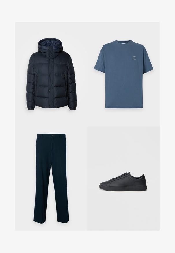 Tumesinine puhvjakiri kapuutsiga, tikkpatterndiga, ees lukuga ja nööbiga kinnitused, kaks küljetaskut ning elastsed varrukaotstarbelised. ; Sinine puuvillane T-särk klassikalise ümmarguse kaelusega, lühikeste varrukatega, vabalt istuv ning kahel väikesel prinditud logol rinnal. Sile tekstuur.; Tumedate sinised püksid, mis on valmistatud siledast kangast, varustatud nööpi sulgemisega, sirge jala disainiga ja minimaalse detailikäsitlusega.; Mustad mustad mustad paelaga, ümmarguse ninaga ja tasase kummist tallaga madala lõikega mustad nahkjalatsid. Omab paelu ja peent brändingut.