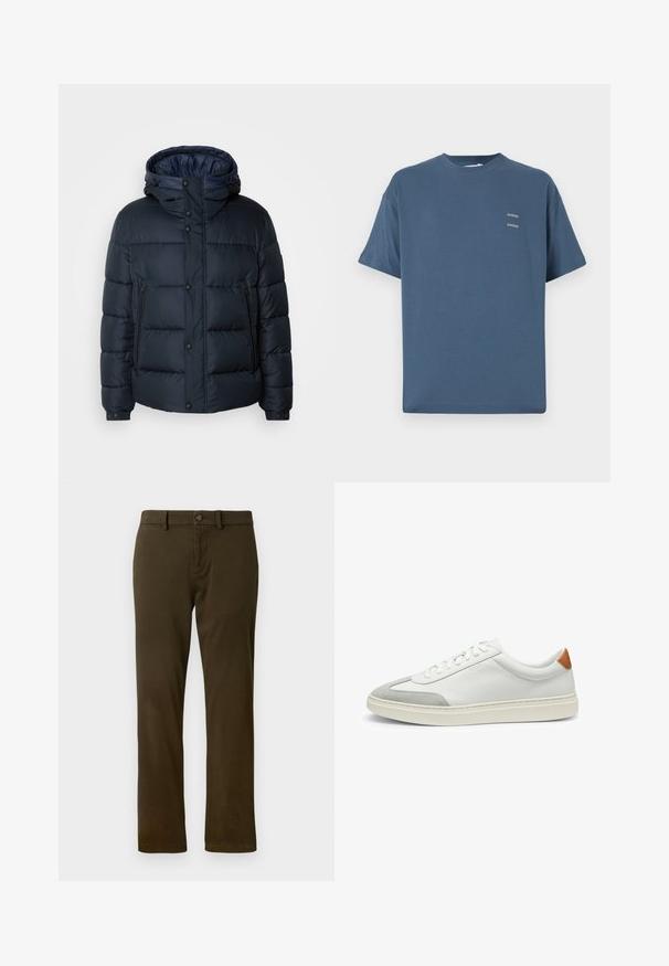 Cazadora acolchada azul marino con capucha, diseño acolchado, cierre frontal con cremallera y botones a presión, dos bolsillos laterales y puños elásticos.; Camiseta de algodón azul con cuello redondo clásico, mangas cortas, corte relajado y dos pequeños logotipos impresos en el pecho. Textura suave.; Pantalones chino de color verde oscuro que presentan un corte clásico, trabillas para cinturón y un cierre de botón en la parte frontal. Tejido liso y texturizado con piernas rectas.; Zapatillas de cuero blanco con acentos de ante gris y un refuerzo de cuero marrón claro en el talón. Presentan una superficie texturizada y una suela ligera.