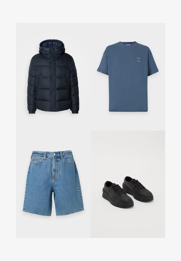 Granatowa kurtka puchowa z kapturem, pikowany wzór, zamek błyskawiczny i zatrzaski z przodu, dwie boczne kieszenie oraz elastyczne mankiety.; Niebieska bawełniana koszulka z klasycznym okrągłym dekoltem, krótki rękaw, luźny krój i dwa małe nadrukowane logo na piersiach. Gładka tekstura.; Jasnoniebieskie szorty dżinsowe o wysokim stanie, z pięcioma kieszeniami, przeszytymi brzegami i metalowym zapięciem. Teksturowane z klasycznym wykończeniem.; Czarne sneakersy wykonane z gładkiej skóry z amortyzującą podeszwą. Wśród cech znajdują się płaskie sznurowadła, perforacje na nosku oraz smukła sylwetka.