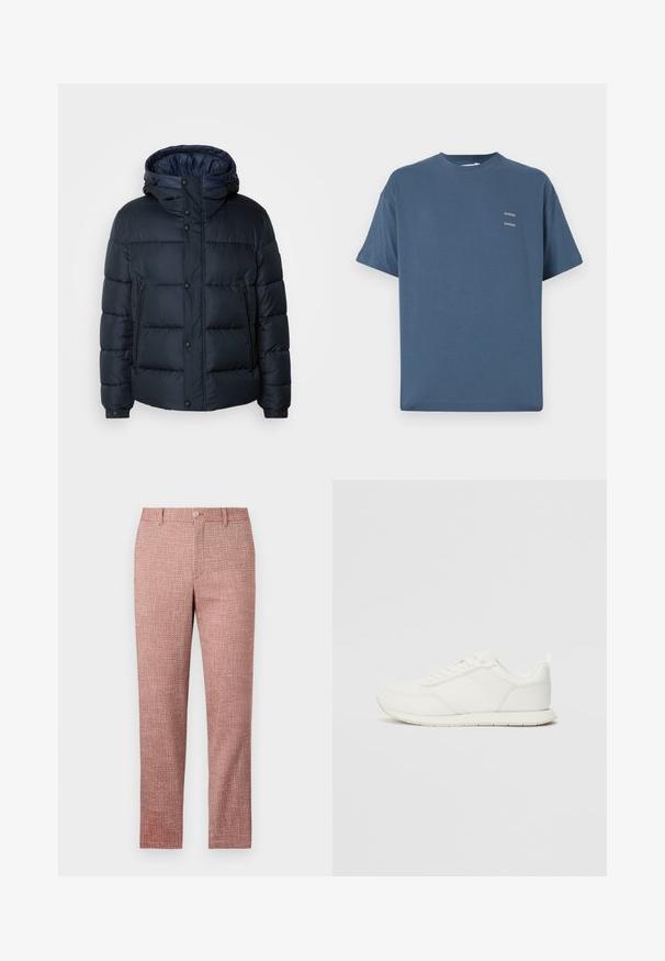 Tamsiai mėlynas pūkinis švarkas su kapišonu, siūtas dizainas, priekinis užtrauktukas ir mygtukų uždarymas, dvi šoninės kišenės ir elastingi rankogaliai.; Mėlynas medvilninis marškinėliai su klasikinėmis apvalia kaklo iškirpte, trumpomis rankovėmis, laisvu siluetu ir dviem mažais atspausdintais logotipais ant krūtinės. Lygi tekstūra.; Raudonos tekstūruotos kelnių, turinčios tiesų kojų dizainą, priekinės kišenės ir sagos uždarymas. Audinys pasižymi audiniu raštu, kuris suteikia papildomą detalumą.; Balti sportbačiai su tinkline ir sintetine viršutine dalimi, apvaliu nosiu, plokščiomis raištelėmis ir tekstūruota šonine juosta. Guma, kurios padas su vilkimo kilpute gale.