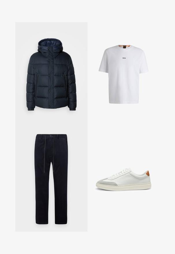 Giacca puffy blu navy con cappuccio, design trapuntato, chiusura frontale con zip e bottoni a pressione, due tasche laterali e polsini elasticizzati.; T-shirt bianco in cotone con maniche corte, caratterizzato da un logo nero "BOSS" centrato sul petto e un design con scollo rotondo.; Pantaloni in corduroy blu navy con superficie testurizzata, gamba dritta, vita elastica, coulisse e tasche frontali.; Sneakers bianchi in pelle con accenti in suede grigio e un tallone in pelle beige. Presentano una superficie testurizzata e una suola leggera.