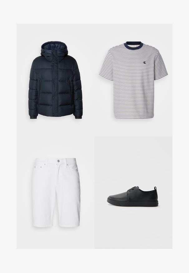 Jūras spēku krāsas pūkaina jaka ar kapuci, ar šuvju dizainu, priekšējo rāvējslēdzēju un pogu aizdari, divām sānu kabatām un elastīgām aprocēm.; Svītrains kokvilnas T-krekls ar tumši zilu apkakli un piedurknēm, ar horizontālām zilām un baltām svītrām; neliels izšūts logo uz krūtīm.; Calvin Klein Jeans SLIM - Džinsa auduma šorti - denim light; Melnas ādas kedas ar gludu apdari, noapaļota purngala, tonāla šuvēm, auklu fronti un plakanu gumijas zoli. Cilpa pie papēža.