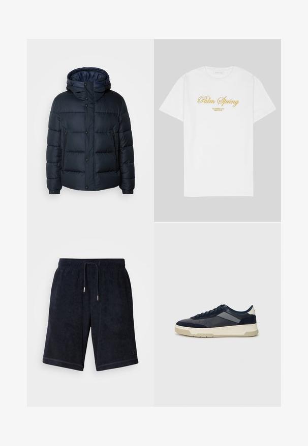 Navy puffer jacket with a hood, quilted design, front zip and snap closures, two side pockets, and elasticized cuffs.; White cotton t-shirt featuring gold text that reads "Palm Spring" with "California Love Eighty Five" below, relaxed fit, crew neck design.; Navy blue terry cloth shorts with an elastic waistband and drawstring. Includes side pockets and a small logo on the hem.; BOSS BALTIMORE - Trainers - open blue