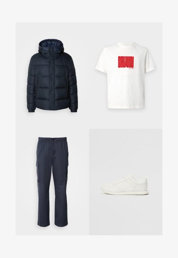 Tamsiai mėlynas pūkinis švarkas su kapišonu, siūtas dizainas, priekinis užtrauktukas ir mygtukų uždarymas, dvi šoninės kišenės ir elastingi rankogaliai.; Balta medvilninė marškinėliai su dideliu raudonu grafiniu spaudiniu "CALVIN KLEIN" priekyje, apvaliu iškirpimu ir trumpomis rankovėmis.; Tamsiai mėlynos spalvos cargo kelnės, pagamintos iš lengvos medžiagos, su elastingu juosmeniu, dviem šoniniais kišenėmis ir dviem cargo kišenėmis.; Balti sportbačiai su tinkline ir sintetine viršutine dalimi, apvaliu nosiu, plokščiomis raištelėmis ir tekstūruota šonine juosta. Guma, kurios padas su vilkimo kilpute gale.