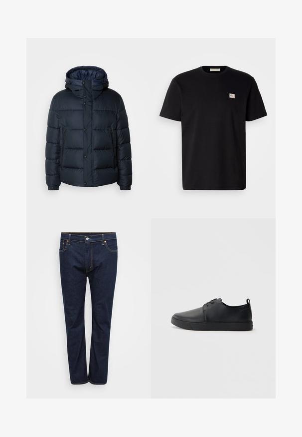 Tengerészkék pufi dzseki kapucnival, steppelt mintával, elöl cipzárral és patentos záródással, két oldalsó zsebbel és rugalmas mandzsettákkal.; Fekete pamut póló rövid ujjal, kerek nyakkivágással, és egy kis hímzett logóval a bal oldali mellrészén. Sima tapintású, normál szabású.; Sötétkék farmernadrág egyenes szabással, kontrasztos sárga varrással, öt zsebbel és elülső gombos záródással.; Fekete bőr sportcipő sima felülettel, lekerekített orral, azonos színű varrással, fűzős elülső résszel és lapos gumitalppal. Hurok a sarkán.