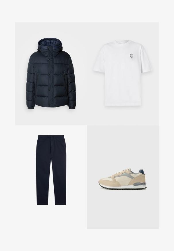 Marineblå pufferjakke med hette, quiltet design, frontglidelås og trykknapper, to sidelommer og elastiske mansjetter.; Hvit bomull t-skjorte med avslappet passform, med en liten svart grafisk logo på venstre brystområde. Korte ermer, rund hals.; Mørkeblå chinos laget av bomull, med rette ben, frontlommer og knappelukking. Glatt tekstur med minimal detaljering.; Beige semsket og mesh sneakers med grå detaljer, en svart gummisåle og en polstret krage. Snøring går over den lett teksturerte overdelen.