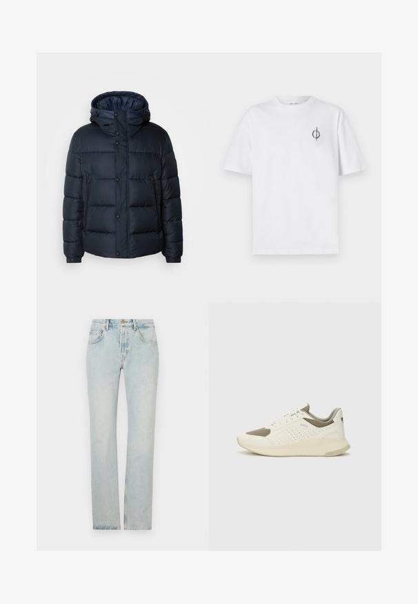 Casaco puffer azul-marinho com capuz, design acolchoado, fecho à frente com zíper e botões de pressão, dois bolsos laterais e punhos elástico.; Camisa de algodão branca com um corte relaxado, apresentando um pequeno logótipo gráfico preto na área do peito esquerdo. Mangas curtas, estilo de gola redonda.; Jeans de ganga azul claro com corte reto, design de cinco bolsos e fecho de zip. O tecido apresenta um ligeiro desbotamento para um aspeto usado.; Sapatilha atlética branca e bege claro, com parte superior em malha, detalhes perfurados e uma entressola texturizada com marcação no calcanhar.