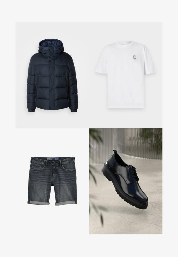 Mornarska zimska jakna s kapuco, prešita zasnova, sprednji zadrga in priponke, dve stranski žepni in elastični manšeti.; Bela bombažna majica s sproščenim krojem, ki ima majhen črn grafični logotip na levem prsnem delu. Kratke rokave, okrogel izrez.; Jeans kratke hlače v temno sivi barvi, s klasičnim dizajnom, petimi žepi in zavitimi manšetami. Narejene iz bombažnega materiala, mehke teksture. Velikost M.; Črne usnjene čevlje z sijajno površino, okrogle prste, vezalni dizajn, kontrastno šivanje in debel gumijast podplat z vzorci za oprijem.
