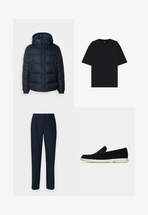 Marine blauwe pufferjack met een capuchon, doorgestikt ontwerp, voorrits en drukknoopsluiting, twee zijzakken en elastische manchetten.; Zwarte katoenen T-shirt met een ronde hals en korte mouwen. Heeft een losse pasvorm en een eenvoudig ontwerp zonder patronen of accenten.; Marineblauwe tailleurbroek met een rechte snit, voorzien van plooien aan de voorkant, een gladde textuur en standaard riemlussen.; Zwarte instapper met een ronde neus, voorzien van een textuur bovenwerk, gladde witte zool en subtiele merktekens aan de zijkant.