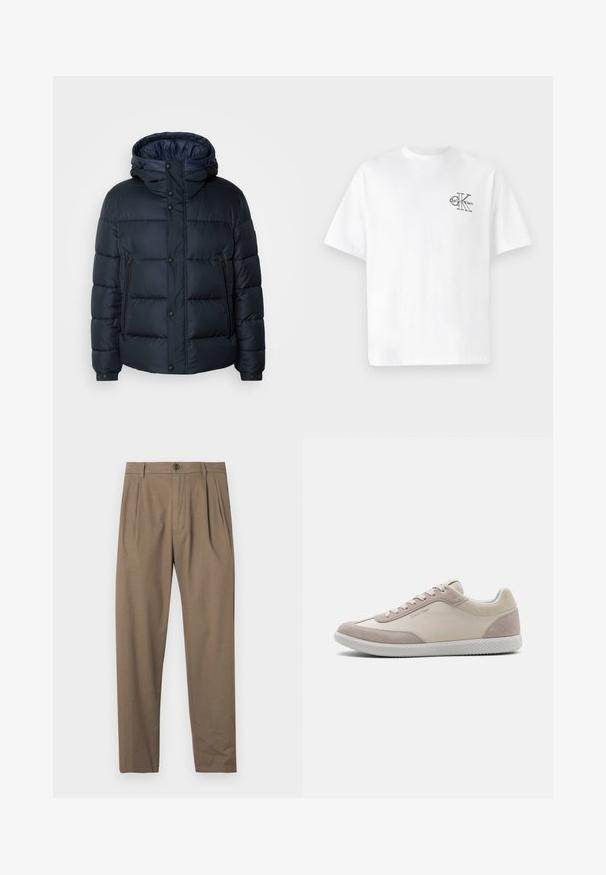 Navy puffer jacket with a hood, quilted design, front zip and snap closures, two side pockets, and elasticized cuffs.; White cotton t-shirt with short sleeves, crew neck, featuring a black CK logo on the left chest area, standard fit, smooth texture.; Brown pleated trousers made of soft fabric, featuring a front zipper and button closure, with a straight leg design and smooth texture.; Beige suede and fabric sneaker with white rubber sole, round toe, and lace-up design. Subtle branding on the side.