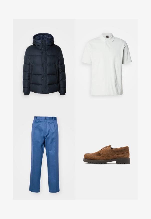 Giacca puffy blu navy con cappuccio, design trapuntato, chiusura frontale con zip e bottoni a pressione, due tasche laterali e polsini elasticizzati.; Maglietta polo bianca in cotone, con colletto classico, due bottoni e logo del brand ricamato nella parte anteriore. Maniche corte.; Pantaloni blu realizzati in un tessuto liscio, caratterizzati da un design a gamba dritta, chiusura con bottone e dettagli di cucitura sottili.; Samsøe Samsøe SAKARL - Stringate sportive - dark cognac