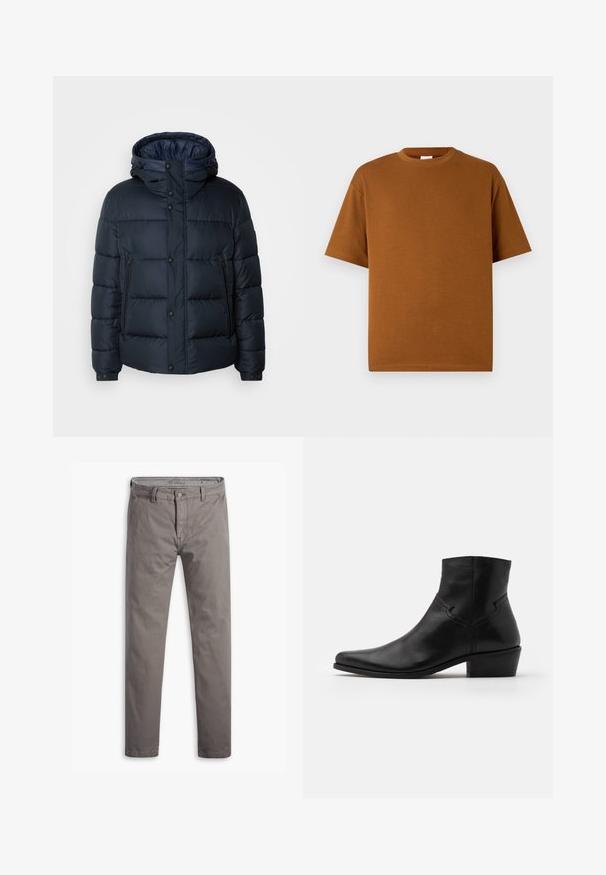 Tumesinine puhvjakiri kapuutsiga, tikkpatterndiga, ees lukuga ja nööbiga kinnitused, kaks küljetaskut ning elastsed varrukaotstarbelised. ; Pruun lühikeste varrukatega T-särk, mis on valmistatud pehmest kangast, ümmarguse kaelusega ja lõdvema istuvusega, sirge äärisega. Ilma nähtavate mustrite või aksessuaaredeta.; Hallide hallid, sileda tekstuuriga, sirge sääre disainiga, standardsete viie tasku stiiliga ning metallnupuga vööl.; Mustad musta nahast pahkluu saapad terava varbaga, minimaalsed õmbluse detailid, keskmise kõrgusega plokk konts ja sile, poleeritud viimistlus.