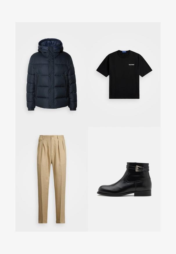 Tumesinine puhvjakiri kapuutsiga, tikkpatterndiga, ees lukuga ja nööbiga kinnitused, kaks küljetaskut ning elastsed varrukaotstarbelised. ; Must must t-särk ümmarguse kaeluse ja lühikeste varrukatega. Esiküljel vasakus rinnas on valge "POLO SPORT" logo. Standardsuurus.; Bežid linasest püksid sirge lõikega, kahel esisel peenral, nööbiga kinnitamisel ja küljetaskutega. Tekstuuritud kangas sileda viimistlusega.; Mustad musta nahast pahkluu saapad, ümarate varvastega, külgpinga aktsent ja madal konts. Sile tekstuur läikiva viimistlusega ja minimaalsed õmblused.