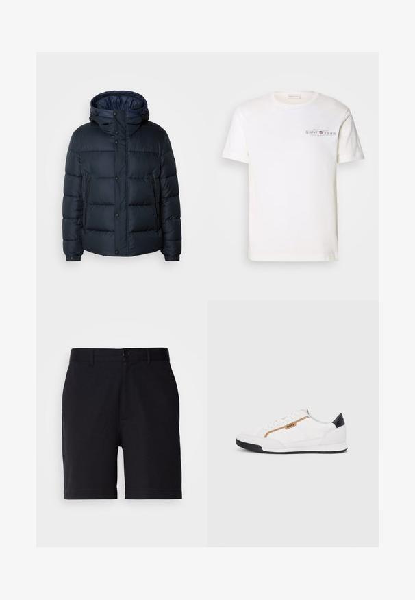 Marineblaue Steppjacke mit Kapuze, gestepptem Design, Frontreißverschluss und Druckknopfverschluss, zwei Seitentaschen und elastischen Bündchen.; Weißes Baumwoll-T-Shirt mit Rundhalsausschnitt, kurzen Ärmeln und einem bedruckten Logo. Verfügt über ein minimalistisches Design und eine lockere Passform.; Schwarze Shorts aus einem Baumwoll-Mischgewebe, mit klassischem Schnitt, frontalen Taschen und einem Knopfverschluss an der Taille.; Weiße Sportschuhe mit Mesh- und Lederelementen. Ausgestattet mit einem goldenen "BOSS"-Logo, strukturierten Seitenpaneelen und einer schwarzen Fersenkappe. Gummisohle.