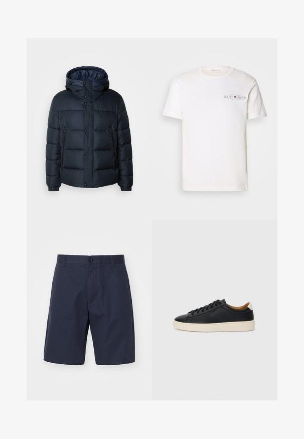 Mornarska zimska jakna s kapuco, prešita zasnova, sprednji zadrga in priponke, dve stranski žepni in elastični manšeti.; Bela bombažna majica s kratkimi rokavi in okroglim izrezom, s tiskanim logotipom. Ima minimalističen dizajn in udoben kroj.; Mornarsko modri kratki hlače iz lahkega blaga z gumbom za zapiranje, stranskimi žepi, ravnim krojem in vidnimi šivi.; Črne usnjene superge z gladko teksturo, bež gumijastim podplatom, zavezovalnim dizajnom in kontrastnim nagibom na peti.