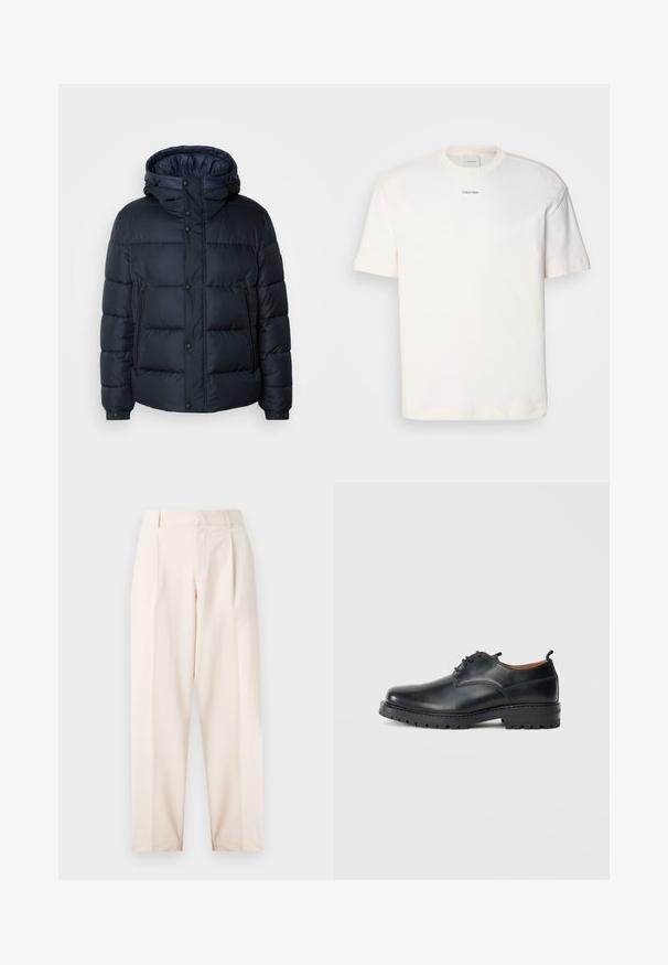 Jūras spēku krāsas pūkaina jaka ar kapuci, ar šuvju dizainu, priekšējo rāvējslēdzēju un pogu aizdari, divām sānu kabatām un elastīgām aprocēm.; Balta kokvilnas T-kreklu ar apaļu kaklu, īsām piedurknēm un izšūtu "Calvin Klein" logotipu krūšu centrā. Vienkāršs dizains.; Beige pielāgotas bikses ar augsto vidukli, krokām un taisnu kāju dizainu. Izgatavotas no gludas auduma, ar sānu kabatām un tīru apdari.; Melni ādas derby apavi ar gludu tekstūru, noapaļotu pirkstu daļu, saistošu dizainu un biezu, izturīgu gumijas zoli.