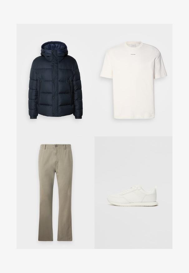 Giacca puffy blu navy con cappuccio, design trapuntato, chiusura frontale con zip e bottoni a pressione, due tasche laterali e polsini elasticizzati.; T-shirt bianca in cotone con scollo rotondo, maniche corte e logo ricamato "Calvin Klein" al centro del petto. Design semplice.; Pantaloni in cotone beige con taglio dritto, dotati di chiusura a bottone, passanti per cintura e una superficie leggermente texturizzata, adatti per un abbigliamento casual.; Sneaker bianco con tomaia in rete e materiale sintetico, punta tonda, lacciuoli piatti e una striscia laterale testurizzata. Suola in gomma con linguetta sul retro.