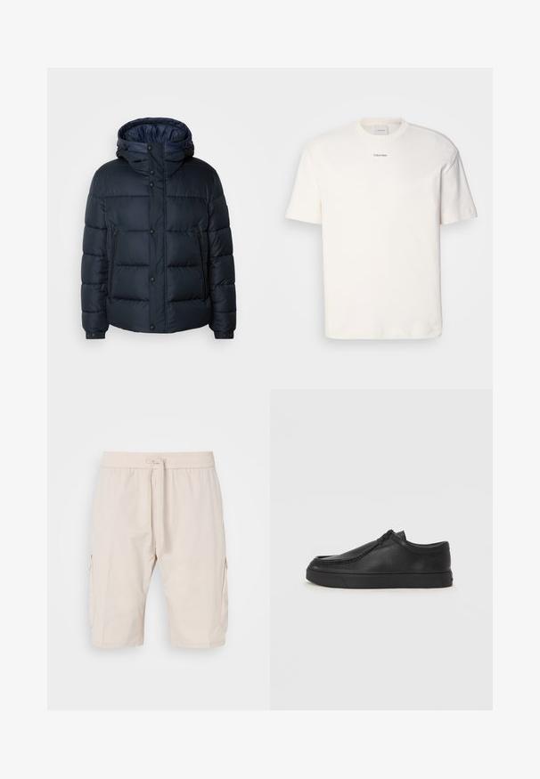 Tumesinine puhvjakiri kapuutsiga, tikkpatterndiga, ees lukuga ja nööbiga kinnitused, kaks küljetaskut ning elastsed varrukaotstarbelised. ; Valge puuvillane T-särk, millel on ümar kaelus, lühikesed varrukad ning rinnas keskel tikitud "Calvin Klein" logo. Üksluisus.; Beežid cargo lühikesed püksid, elastse vöökoha ja nööriga, millel on kaks küljetaskut ja sile, kerge kangas.; Must na ostri varvastega musta nahast libisemisega king, millel on tikand ja must kummitald. Sile tekstuur ja minimalistik disain.