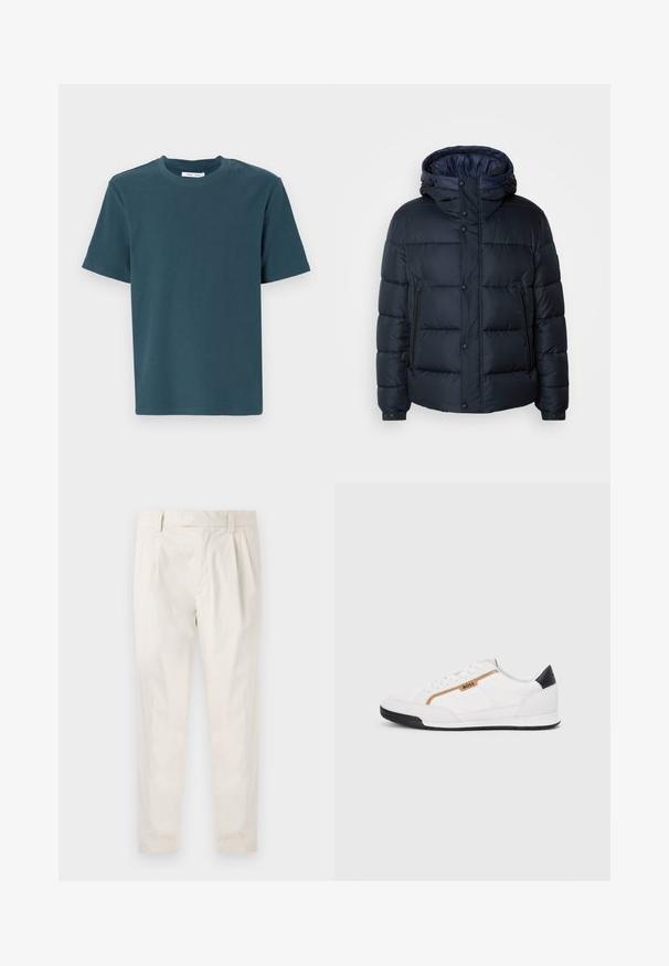 Námornícka pufovaná bunda s kapucňou, prešívaný dizajn, predný zips a druky, dve bočné vrecká a elastické manžety.; Tmavomodrá krátka tričko s krátkym rukávom a okrúhlym výstrihom. Vyrobené z mäkkého, textúrovaného materiálu. Priamy strih bez vzorov alebo akcentov.; Biele plisované nohavice s prispôsobeným strihom, s hladkou textúrou, pútkami na opasok a zúženými nohavicami. Žiadne viditeľné vrecká ani vzory.; Biele športové topánky s akcentmi z korku a kože. Obsahujú zlaté logo "BOSS", textúrované bočné panely a čierny pätník. Gumová podrážka.