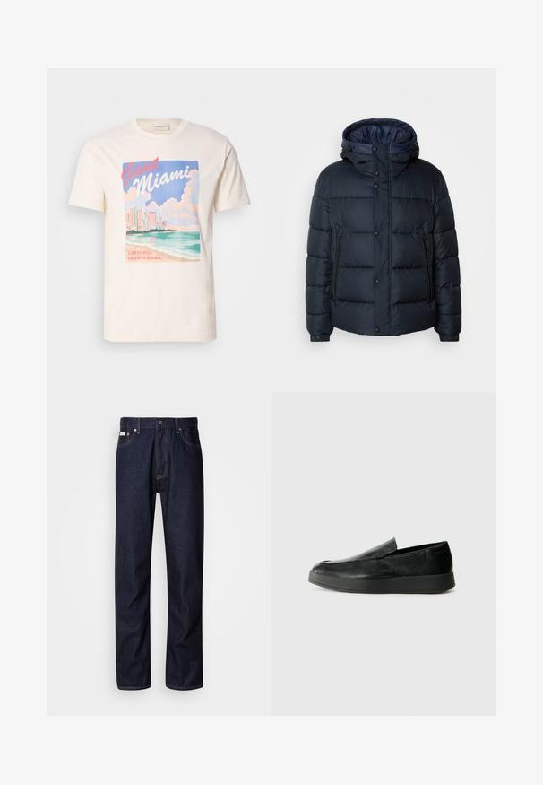 Mornarska puf jakna s kapuljačom, kvadratnim dizajnom, prednjim zatvaračem i kopčama na dugmad, sa dva bočna džepa i elastičnim manžetama.; Kremasta pamučna majica s grafičkim printom Miamijske panorame, valova i oblaka u pastelnim bojama, s natpisima "GANT Miami" i "Pozdravi iz Floride".; Tamno plave traperice ravnog kroja, s gumbom za zatvaranje, pet džepova i kontrastnim šavovima.; Calvin Klein HYBRID CUP - Obuća za navlačenje - triple black