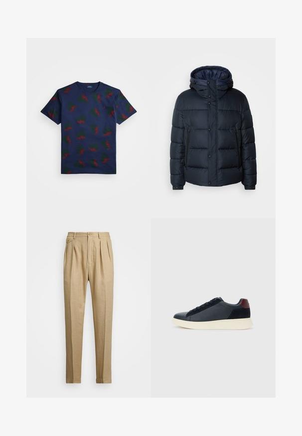 Mornarska puf jakna s kapuljačom, kvadratnim dizajnom, prednjim zatvaračem i kopčama na dugmad, sa dva bočna džepa i elastičnim manžetama.; Tamno plava pamučna majica s ponavljajućim uzorkom crvenih i zelenih krilatih dizajna. Ima okrugli izrez i kratke rukave.; Bež lanene hlače ravnog kroja, s dva prednja nabora, zatvaranjem na gumb i bočnim džepovima. Tekstuirana tkanina s glatkom površinom.; Niske muške tenisice od crne kože i antilopa s bordo petnom oznakom i bijelim gumenim potplatom, prikazane s vanjske strane.