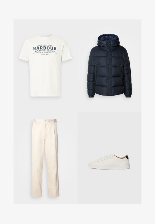 Casaco puffer azul-marinho com capuz, design acolchoado, fecho à frente com zíper e botões de pressão, dois bolsos laterais e punhos elástico.; T-shirt de algodão creme com um logo em azul escuro em destaque com o texto: "BARBOUR QUALIDADE VESTUÁRIO AO AR LIVRE ESTABELECIDO EM SOUTH SHIELDS, INGLAND, DESDE 1894."; Calças de algodão bege com corte reto, apresentando um fecho de botão e pregas na frente para um detalhe adicional.; Sapatilhas brancas com um cabedal em couro liso, bico redondo e sola plana. Detalhe preto no calcanhar, com atacadores tonais e uma marcação minimalista.